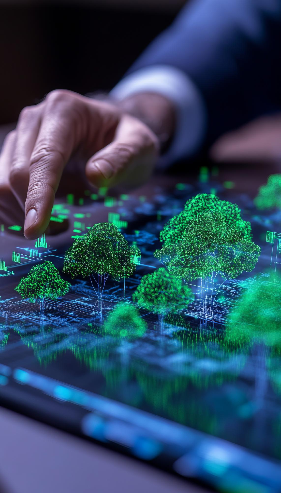Mão interagindo com projeção holográfica de árvores digitais
