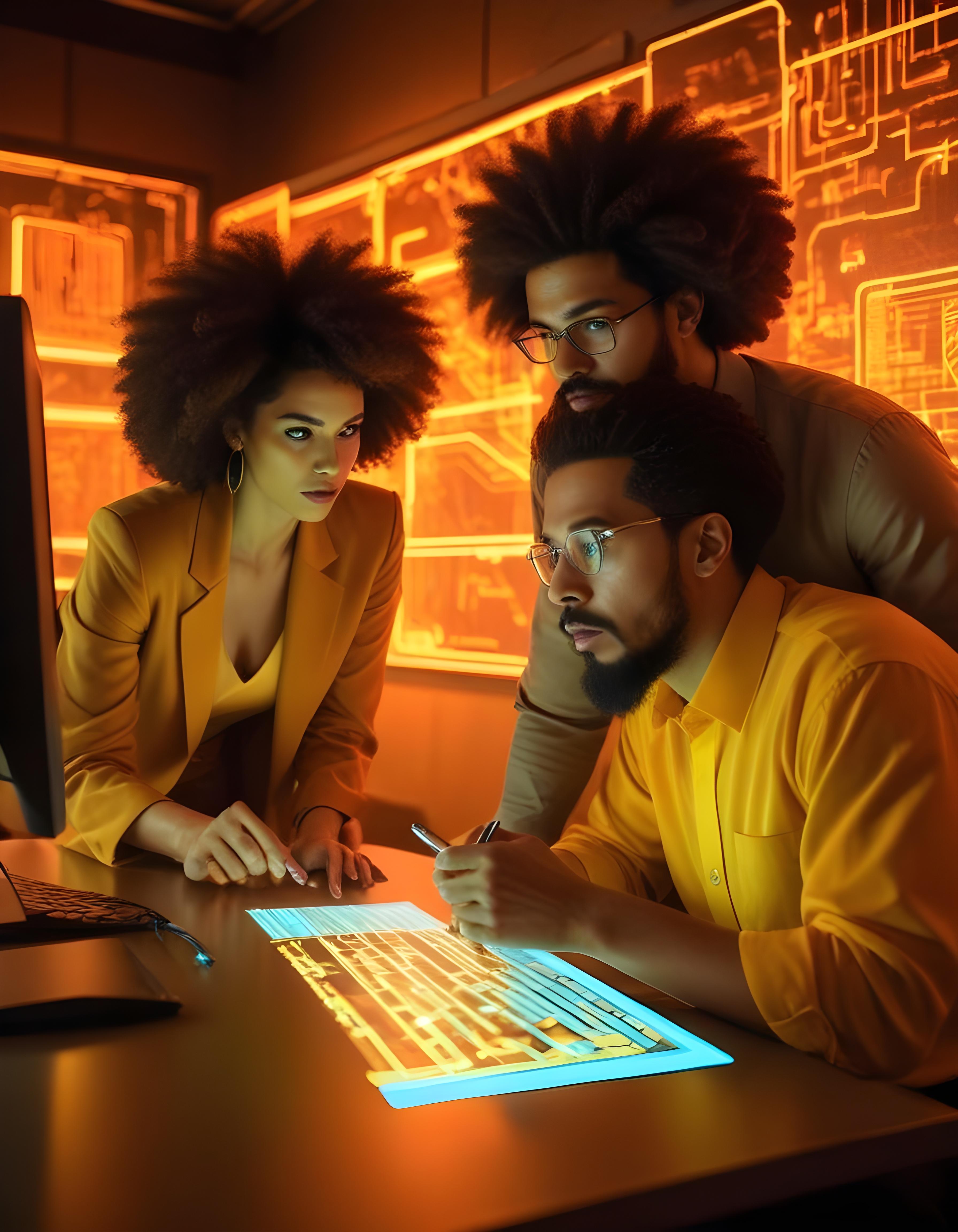 Equipe analisando dados em ambiente tecnológico