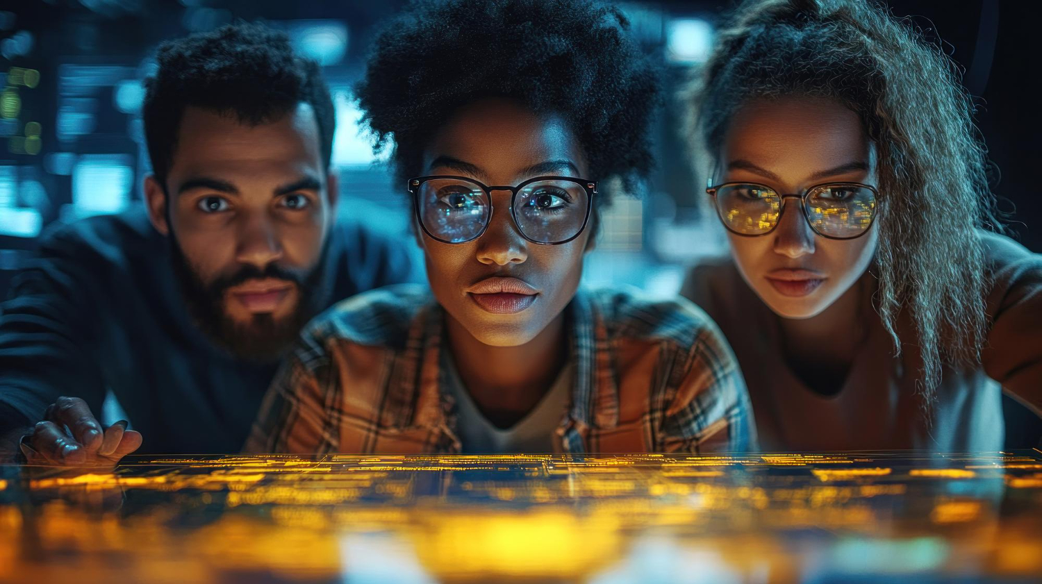 Equipe analisando dados em ambiente tecnológico