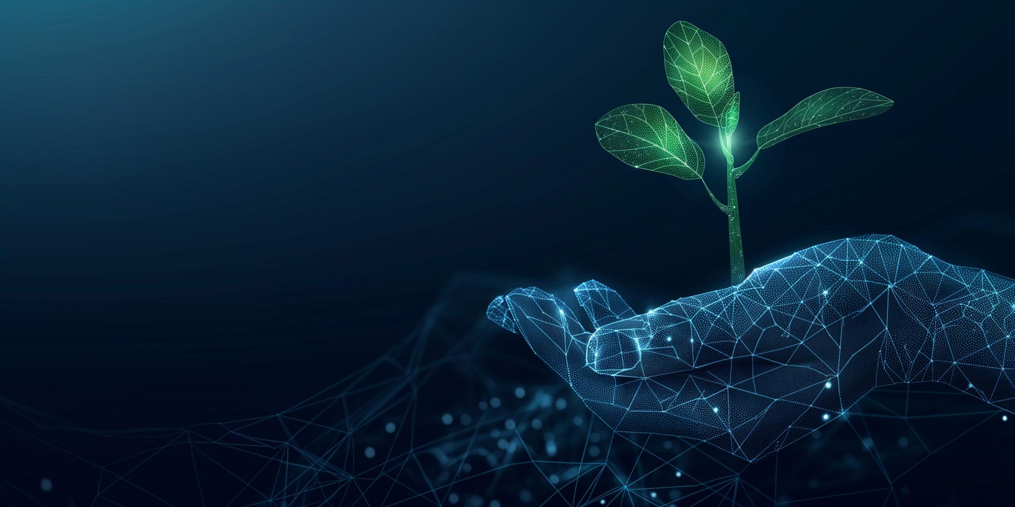 Mão digital segurando uma planta em crescimento