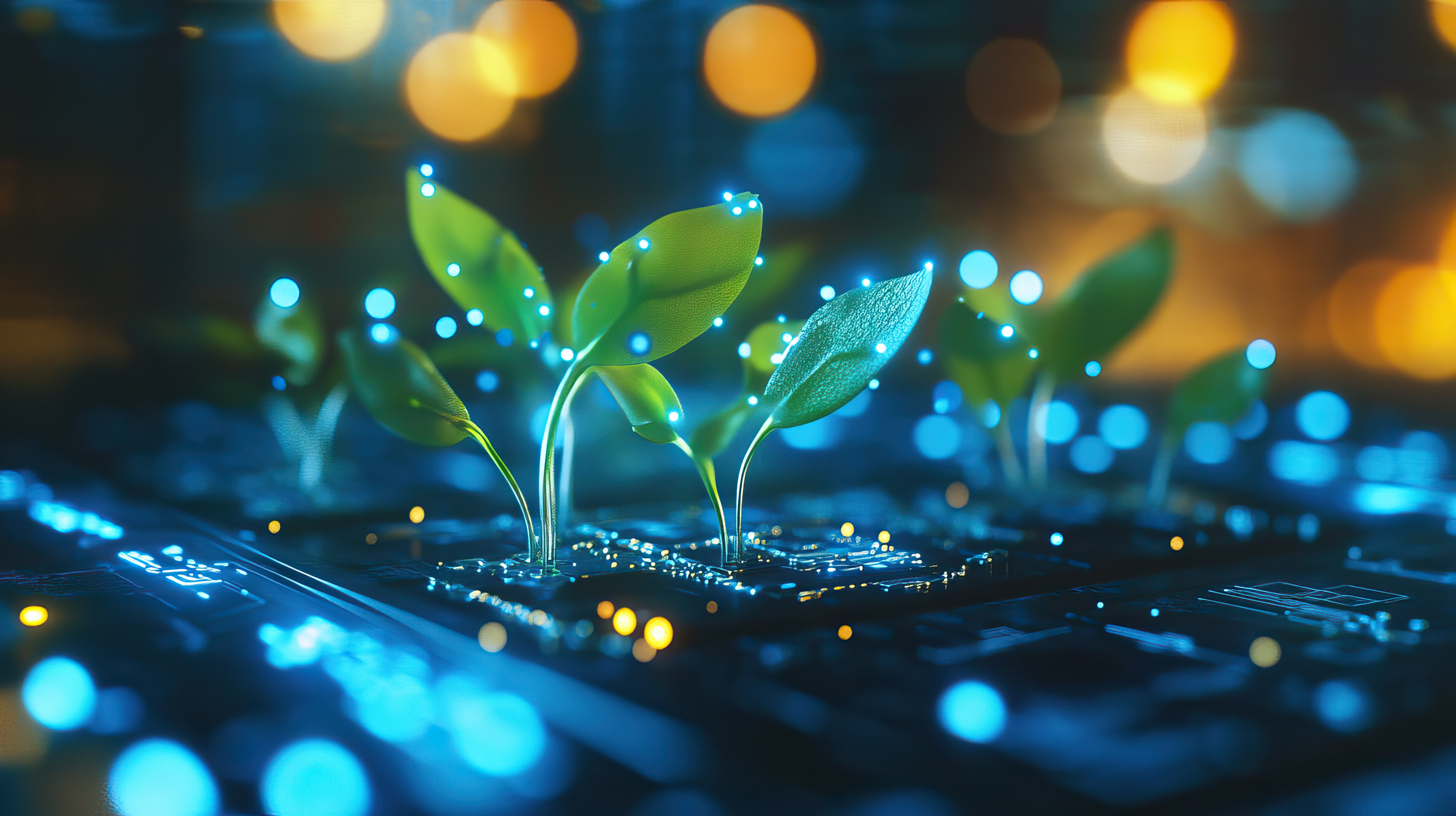 Plantas digitales creciendo en un circuito tecnológico
