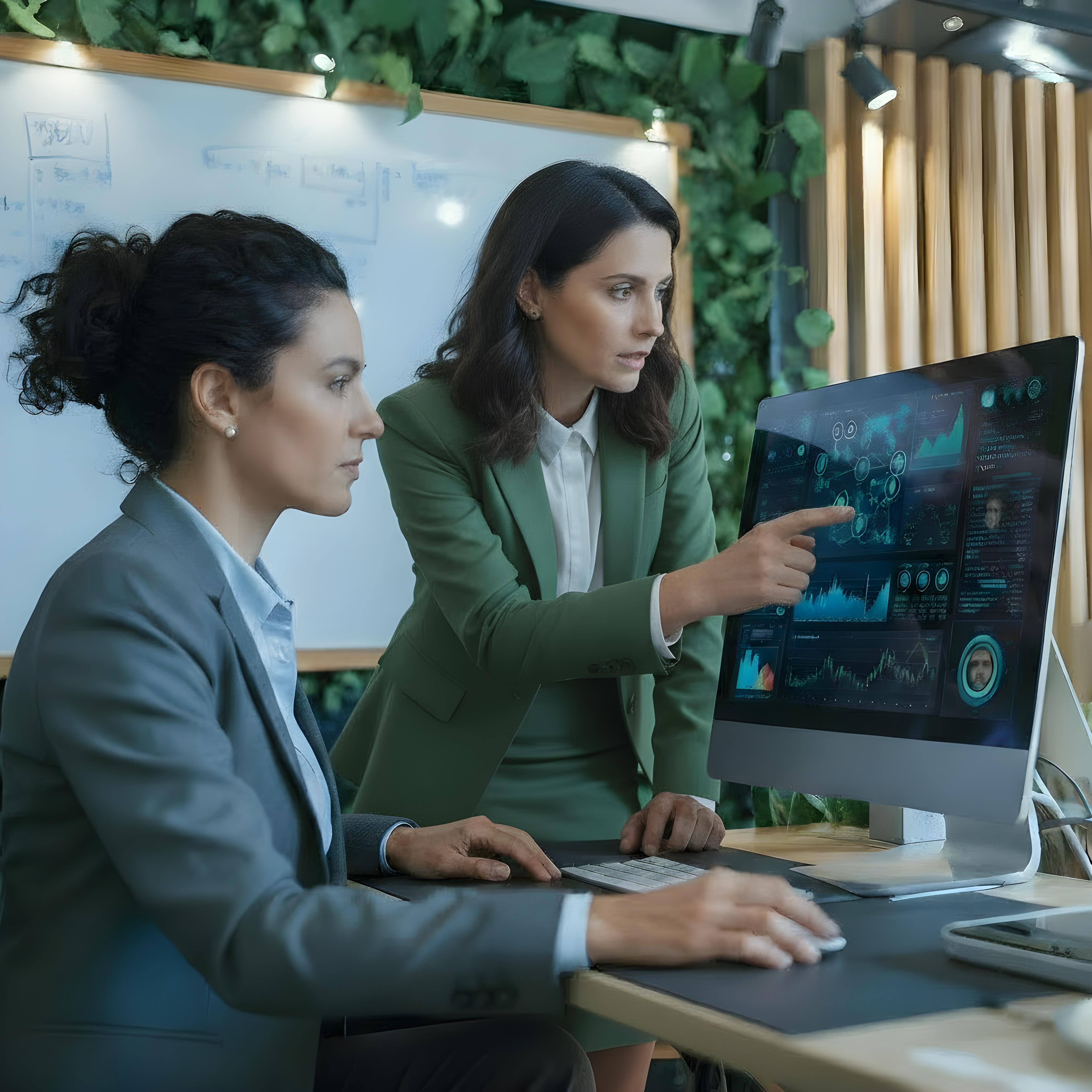 Professionals collaborating with analytics dashboards